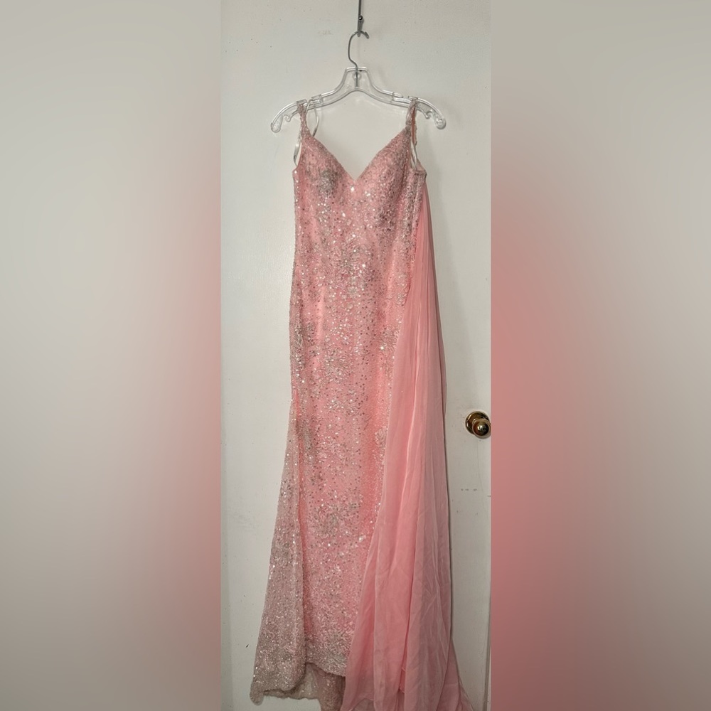 Light Pink, embellished Sherri Hill evening gown with detachable cape. Size 2.